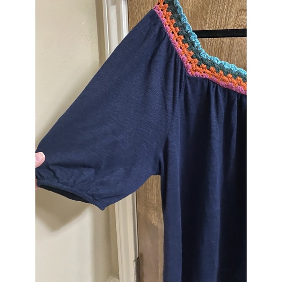 Boden Crochet Multicolor Square Neck Navy Linen Blouse Size 6 Flowy Puff Sleeve - Picture 10 of 14